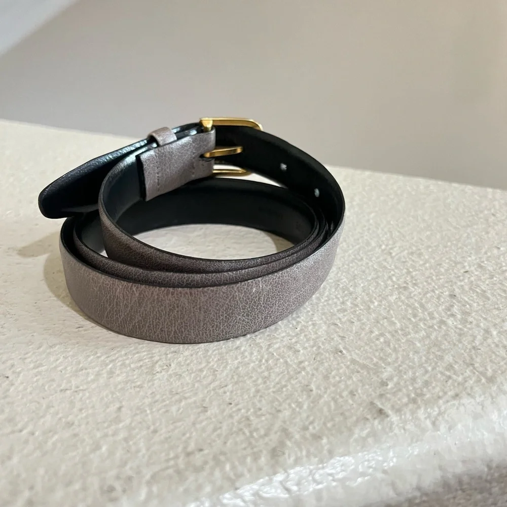 VNTG buffalo grain cowhide Women Waist Slim belt Gray‎ Leather Brass Buckle Sz M